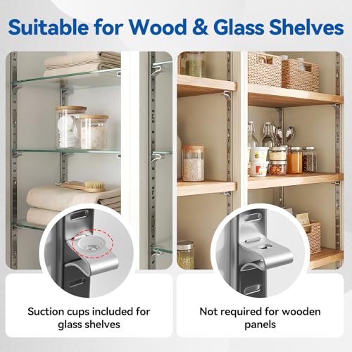 Adjustable Shelf Bracket 40 Inch 8 Pack Wall Shelf Pilaster Tracks, Stainless Steel Mortise Mount System with 32 Aluminum Alloy Shelf Clips for Closet, Cabinet & Wall Storage
