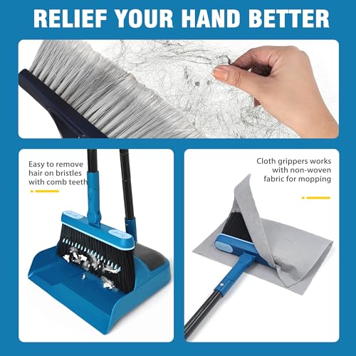 JEHONN Dustpan and Brush Set, 54 inches Long Handle Swivel Broom, Upright Foldable Dust Pan with Comb Teeth for Home Kitchen Lobby Indoor Floor Cleaning(Blue)