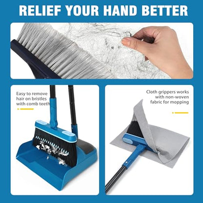 JEHONN Dustpan and Brush Set, 54 inches Long Handle Swivel Broom, Upright Foldable Dust Pan with Comb Teeth for Home Kitchen Lobby Indoor Floor Cleaning(Blue)
