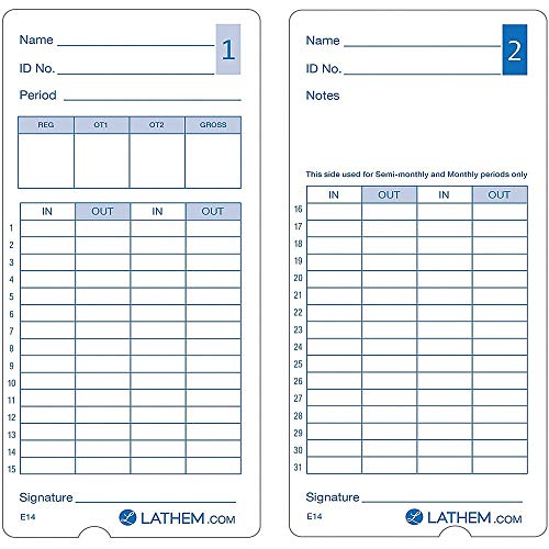 Lathem E14-100 Pack of 100 Time Cards, 2-Sided, for use with Lathem Model 400E Time Clock, 7" High