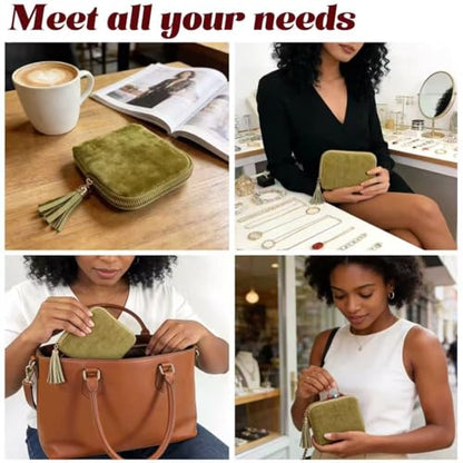 Small Travel Jewelry Pocket Case with Zipper for Women - color: Olive Green