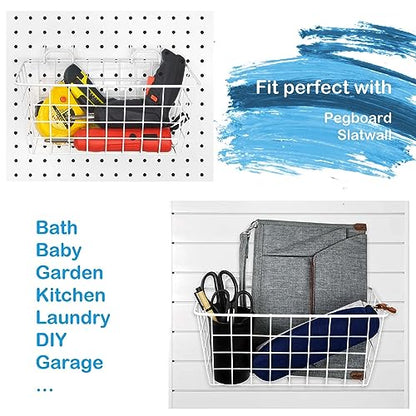 Pegboard Baskets 2 Pack Peg Board Metal Shelves Organizers (Medium, White) - size: Medium, style: 2M White Pegboard Baskets