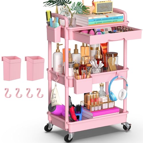 Goovilla 3 Tier Rolling Utility Cart Organizer with Removable Drawer, Pink - size: 3 Tier, style: Pink