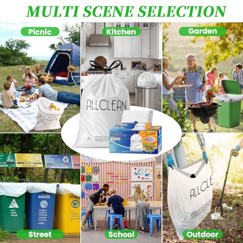 Trash Bags 15 Gallon Tall Kitchen Drawstring Garbage Bag Fit 13-15 Gal Bins