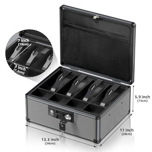 Locking Cash Box with Money Tray and Key, Secure Money Safe Box for Cash, Portable Money Box with 2 Storage Spaces and Removeable Storage Bag, Money Saving Organizer (Black, XX-Large) - size: XX-Large