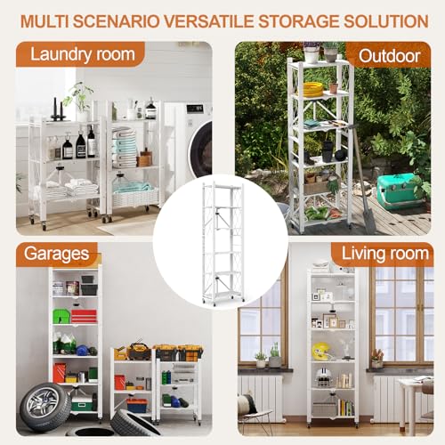 6-Tier Foldable Storage Shelves with Wheels, Folding Metal Shelf Unit - color: White, size: 6 Tier