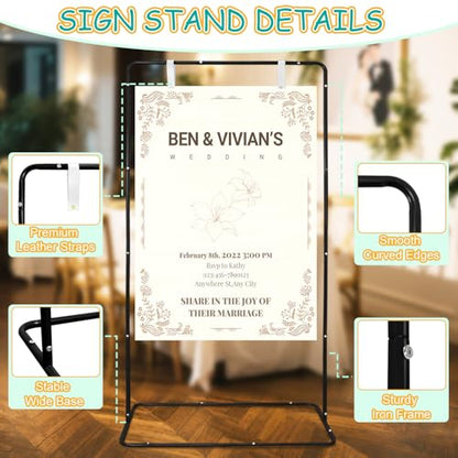 Black Easel Stand for Wedding Sign Holder Welcome Poster Stands 68”x32”x16” Welcome to Our Wedding Sign Holder Heavy Duty Hanging Signs Stand Floor Standing Easels with Design Bundle for Baby Shower
