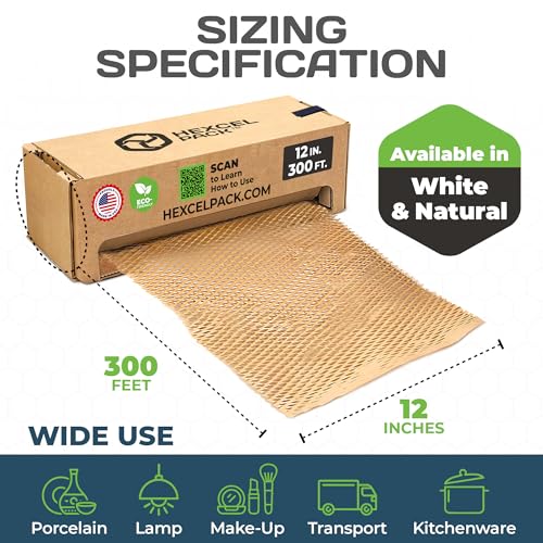 HexcelPack HexcelWrap Mini Honeycomb Packing Paper - Natural, 12" x 300' - color: Natural HoneyComb, size: 12" x 300 Feet - Roll with Dispenser Box