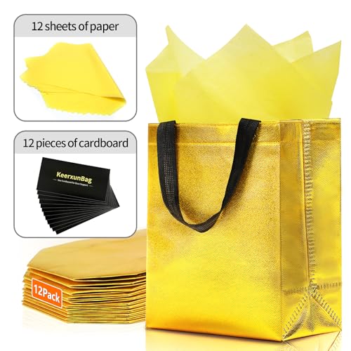 KeerxunBag Gold Gift Bags - 12 pieces - Reusable - With Inner Liner Paper - color: Golden Yellow