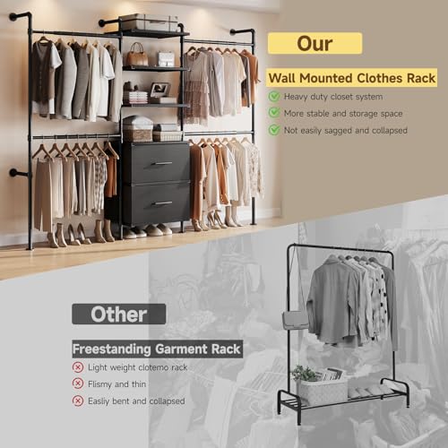ONBRILL T3 Wall Mounted Industrial Pipe Closet Organizers Storage System - color: Black