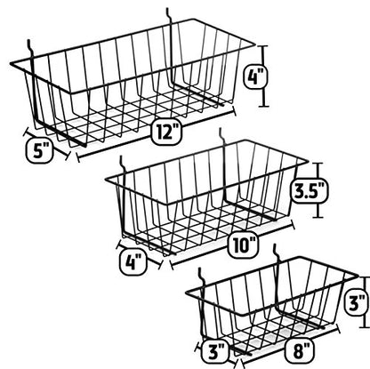 Pegboard Basket Set - 3 Pack - Hooks to 1/4" Hole Peg Board - Better Tool Organization - Organize Tools, Workbench, Accessories, Garage Storage - Wall Organizer Attachments, Black Wire Pegboard Basket