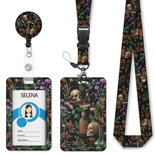 ID Badge Holder with Lanyard, Lanyards for ID Badges ID Card Holder, Cute Badge Reel Badge Clip Retractable, Teacher Nurse School Student Office Gifts Goth Mystical Floral - color: Goth Mystical Floral