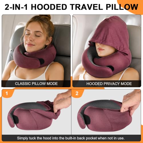 Travel Pillow - Hooded Neck Pillow Airplane Memory Foam Filling - color: Burgundy