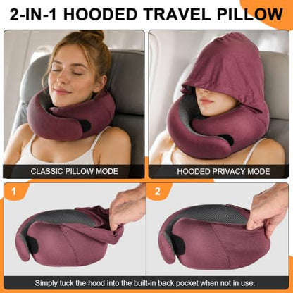 Travel Pillow - Hooded Neck Pillow Airplane Memory Foam Filling - color: Burgundy