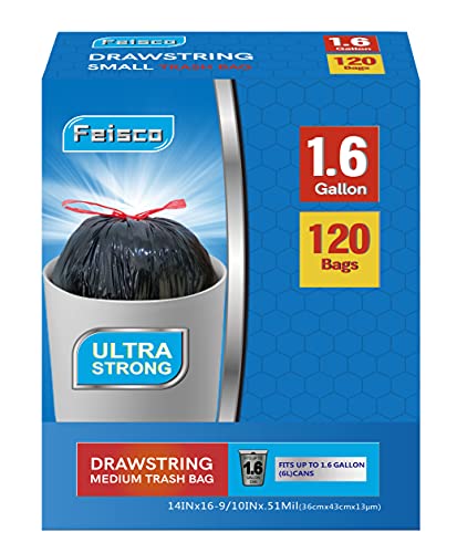 Feisco 1.6 Gallon Black Trash Bag,6L Drawstring Garbage Bag Trash Can Liner,120 Counts,0.51 Mil - size: 1 Count (Pack of 120)