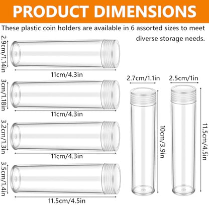 60 Pcs Plastic Coin Tubes, 6 Different Sizes Clear Quarter
