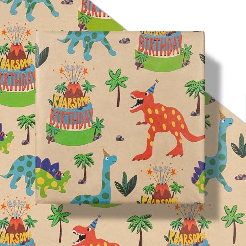 RUSPEPA Dinosaur Wrapping Paper Birthday Boy, Mini Roll, Kraft Wrapping Paper with Dinosaur and Cakes Pattern Designs, Gift Wrap for Kids, Birthday, Party and Holiday, 17 in x 16.4 ft - color: Dinosaur and Cake, size: 17 in x 16.4 ft