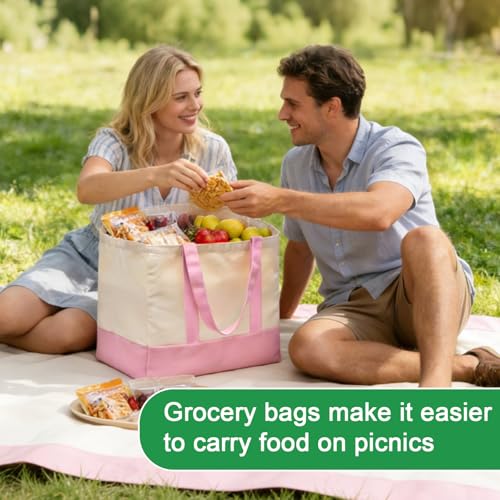 1-Pack Heavy Duty Canvas Reusable Grocery Bags, 8.3 Gal Foldable Large Tote with Handles, Washable Eco-friendly Bags with 5 Pockets, (Pink/Beige) - color: [A1] Off White / Pink/B, size: 1 Pack