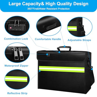 6500°F Fireproof Document Bag with Lock-Fireproof Box with 10 Layers Insulation Materials&Waterproof Zipper,Removable Wallet,Reflective Strip for Cash,Documents,Jewelry(14.2”x 9.6”x 4.1”) - color: Black, size: Medium