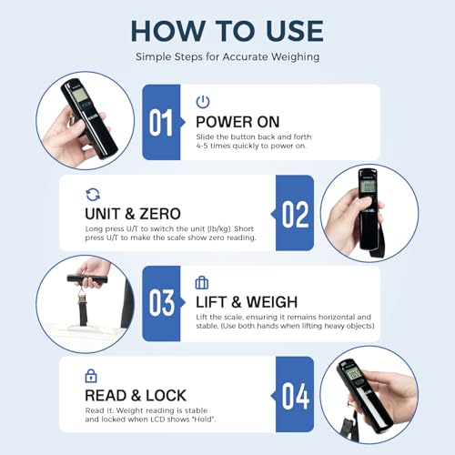 BAGAIL Digital Luggage Scale, 110lbs Hanging Baggage Scale with Backlit LCD Display, Portable Suitcase Weighing Scale, Travel Luggage Weight Scale with Hook, Strong Straps for Travelers - color: Pure Black Battery Free