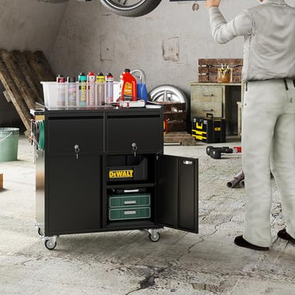 Metal Tool Cabinet with 2 Drawers, Adjustable Shelf & Wheels, Black - color: Black, size: 18.11"D x 30.31"W x 35.5"H