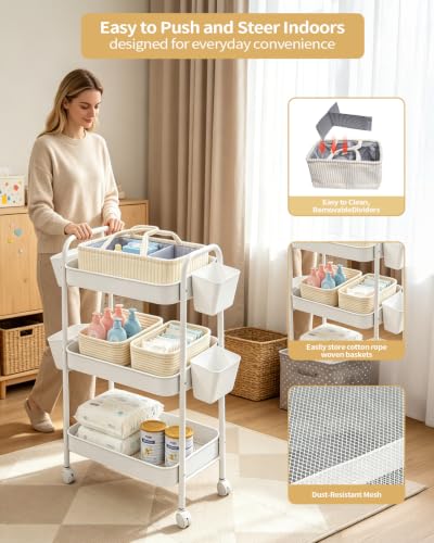 3 Tier Rolling Cart Organizer with Wheels, Metal Utility Storage Cart for Nursery, Bathroom, Kitchen, Craft Room & Laundry Room, Includes Hanging Baskets and Rope Storage Bin, White