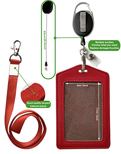 ID Card Case + Heavy Duty Lanyard (Red)+ Badge Holder Retractable Reel Carabiner and Plastic Clip (Soft Genuine Leather Case) - color: Red