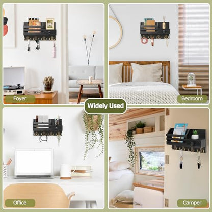 Key Holder Wall Mount, Wooden Key and Mail Organizer, Black - color: Black