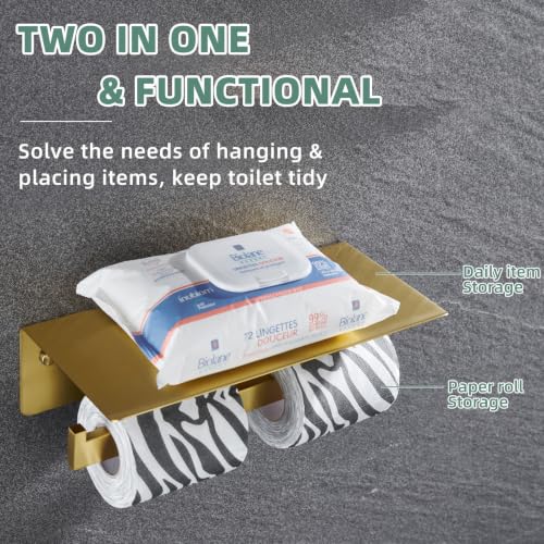 APLusee Brushed Gold Double Toilet Paper Holder with Shelf, Wall Mounted - color: Brushed Dark Gold, size: Double Rod
