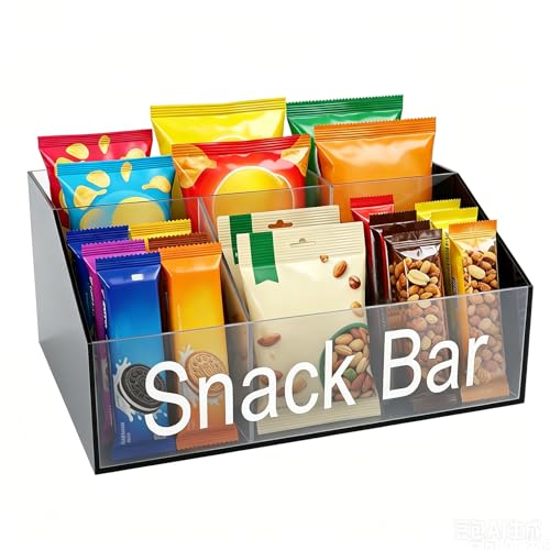 Snack Organizer for Countertop, Black & Clear Acrylic Snack Bar Organizer, 4 Compartment Snack Holder Chips Organizer, Trapezoid Snack Basket Bin for Kitchen Pantry Organizer and Storage