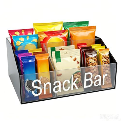 Snack Organizer for Countertop, Black & Clear Acrylic Snack Bar Organizer, 4 Compartment Snack Holder Chips Organizer, Trapezoid Snack Basket Bin for Kitchen Pantry Organizer and Storage