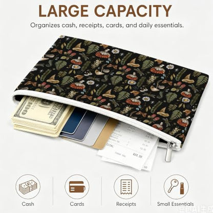 Money Bag with Zipper, Cute PU Leather Cash Bags, Portable Bank Bag Money Pouch for Cash, Coins, Checks, Receipts, Invoices Cosmetics Tools, Deposit Bag for Office Travel, Mushroom - color: Mushroom