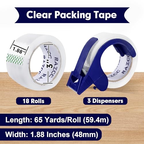 RAZCC Packing Tape, 18 Rolls Clear Heavy Duty Packaging Tape with Dispensers for Packing, Shipping, Moving and Mailing, Thicker Sealing Tape-1.88" x 65 Yards Per Roll, 1170 Total Yards - size: 1.88"-18 Rolls