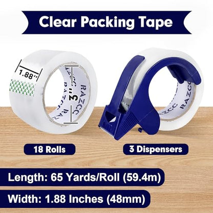 RAZCC Packing Tape, 18 Rolls Clear Heavy Duty Packaging Tape with Dispensers for Packing, Shipping, Moving and Mailing, Thicker Sealing Tape-1.88" x 65 Yards Per Roll, 1170 Total Yards - size: 1.88"-18 Rolls