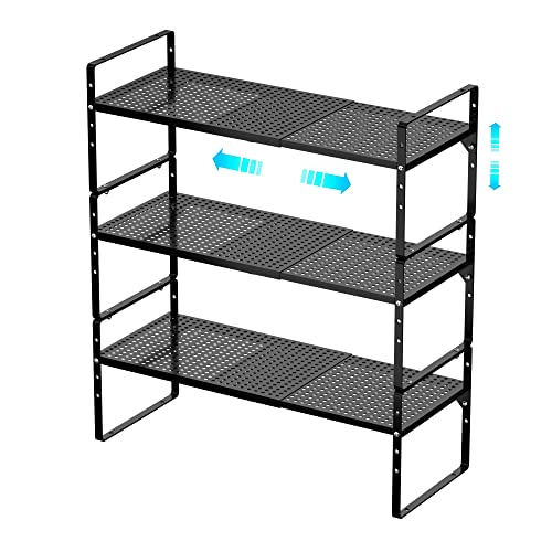 Redrubbit Large Expandable Cabinet Storage Shelf, Adjustable Height Steel Metal Kitchen Counter Organizers Shelves Spice Rack for Kitchen Pantry Bathroom Cupboard Desk Home Office, Black-3 Pack - color: Black
