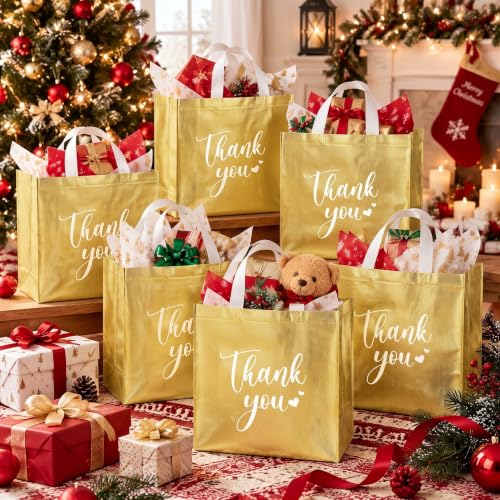 Sweetude 30 Thank You Non Woven Gift Bag, 11 x 12 x 5 Inch, Gold - color: Gold, size: 11 X 12 X 5 Inch