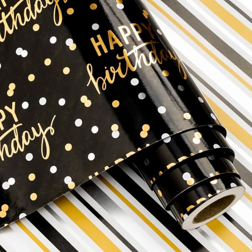 LeZakaa Reversible Black Birthday Wrapping Paper Roll for Boys Men, Happy Birthday Lettering & Stripe Pattern with Metallic Gold Foil in Black, Mini Roll, 17 inches x 32.8 Feet (46.45 sq.ft.) - color: Birthday - Gold Black, size: 17" X 32.8 ft