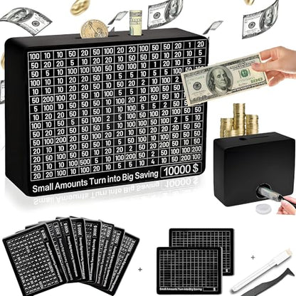 Wooden Reusable Cash Vault Savings Box, Piggy Bank for Adults, Kids, Boys & Girls – $10000 $5000 $4000 $3000 $1000 $800 $500 Target Money Saving Challenge (Black) - color: Black