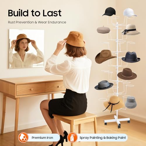 7-Tier Rotating Iron Hat Display Rack, 35 Hats Capacity 11.02LBS Load 4 Universal Wheels Independent Tier Rotation Freestanding Hat Rak Tree Metal Wig Rack for Home Retail Clothing Store (White) - color: White