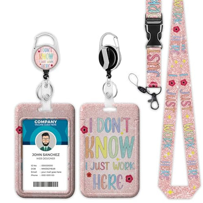 I Don't Know I Just Work Here Lanyards for ID Badges, Funny ID Badge Holder with Lanyard Retractable Badge Holder/Reel Lanyard, Teacher Student Office Gifts - color: I Just Work Here