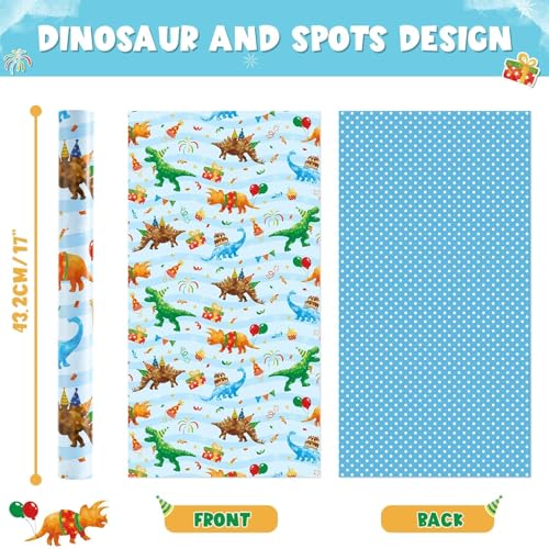 WERNNSAI Dinosaur Reversible Wrapping Paper Birthday Boy, 33 ft Blue Dino - color: Dinosaur C