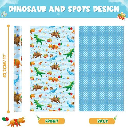 WERNNSAI Dinosaur Reversible Wrapping Paper Birthday Boy, 33 ft Blue Dino - color: Dinosaur C