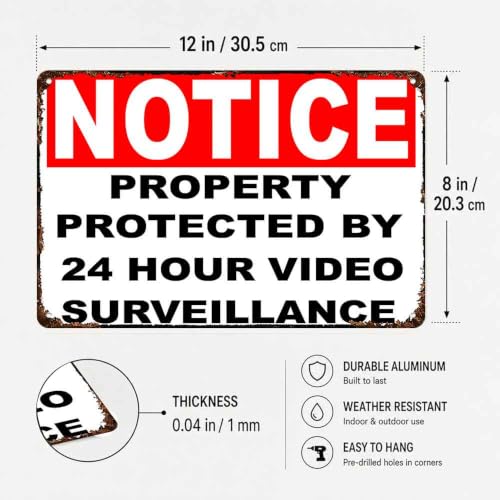 24 Hour Video Surveillance Vintage Aluminum Metal Sign 8 x 12 Inch