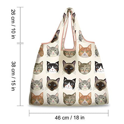 NymphFable Cat Shopping Bags, 6 Pack Reusable Grocery Tote Bags 50LBS - color: Cute Cat