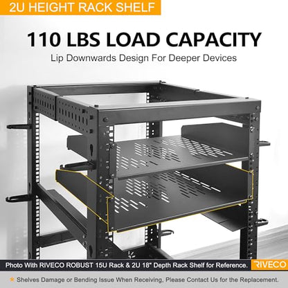 RIVECO 2U Server Rack Shelves for 19" Network Cabinet, Rack Mount Vented Cantilever Trays for Deep IT & Audio Equipment, 18" Depth, 2 PCS Black - size: 18 Inch