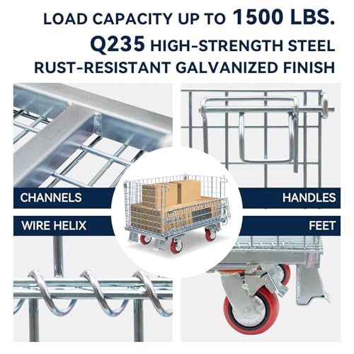 32"x20"x24" Heavy Duty Platform Truck with Cage, Foldable Flatbed Hand Truck Dolly with 4.7” Swivel Casters, 1500LBS Capacity Push Cart for Warehouse, Garage, Grocery, Laundry