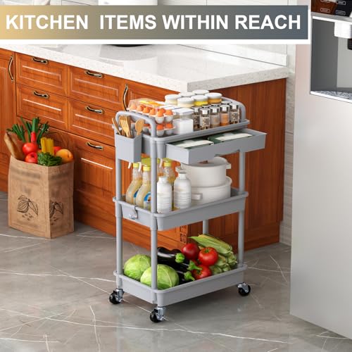 Goovilla 3 Tier Rolling Utility Cart Organizer with Removable Drawer, Grey - size: 3 Tier, style: Gray