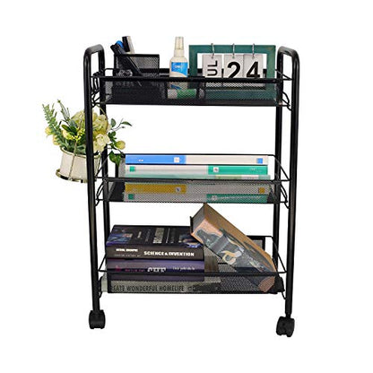 3-Tier Mesh Rolling Cart - 24.8" H Fits Under Desk Metal Cart with Wheel - color: Black, size: 3 tier