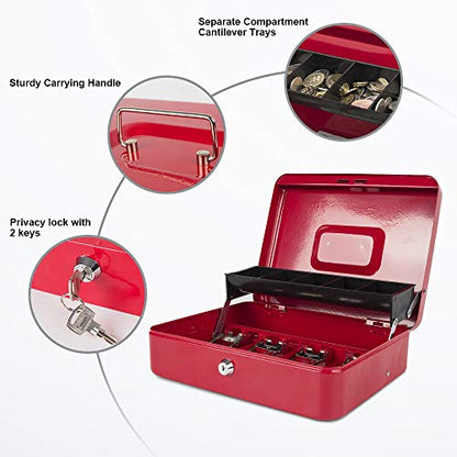 KYODOLED Locking Cash Box with Lock,Money Box with Cash Tray,Lock Safe Box with Key,Money Saving Organizer,11.81Lx 9.45Wx 3.54H Inches,Red XL Large - color: Red