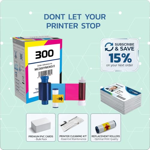 Magicard 300 Printer MC300YMCKO Color Ribbon - YMCKO - 300 Prints with Bodno Premium CR80 30 Mil Graphic Quality PVC Cards - Qty 300 - color: Ymcko, size: 1 Pack with Cards